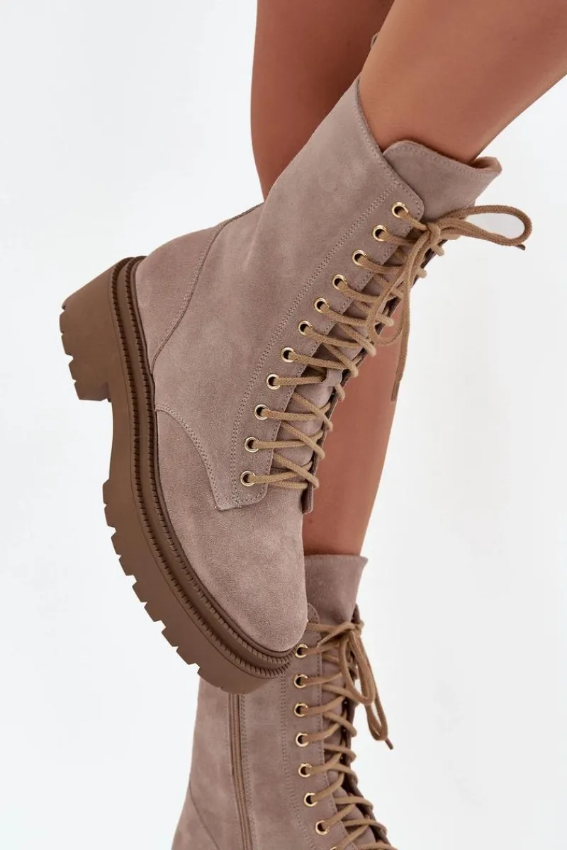 Botki Ocieplane|Botki Skórzane>Zazoo Botki Workery Damskie Z Naturalnego Zamsz Ocieplane 4213 Beżowe Beżowy