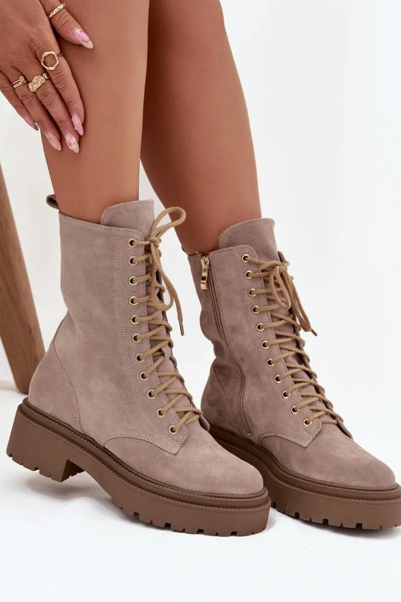 Botki Ocieplane|Botki Skórzane>Zazoo Botki Workery Damskie Z Naturalnego Zamsz Ocieplane 4213 Beżowe Beżowy