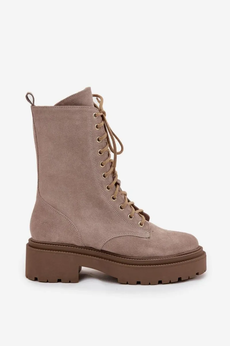 Botki Ocieplane|Botki Skórzane>Zazoo Botki Workery Damskie Z Naturalnego Zamsz Ocieplane 4213 Beżowe Beżowy