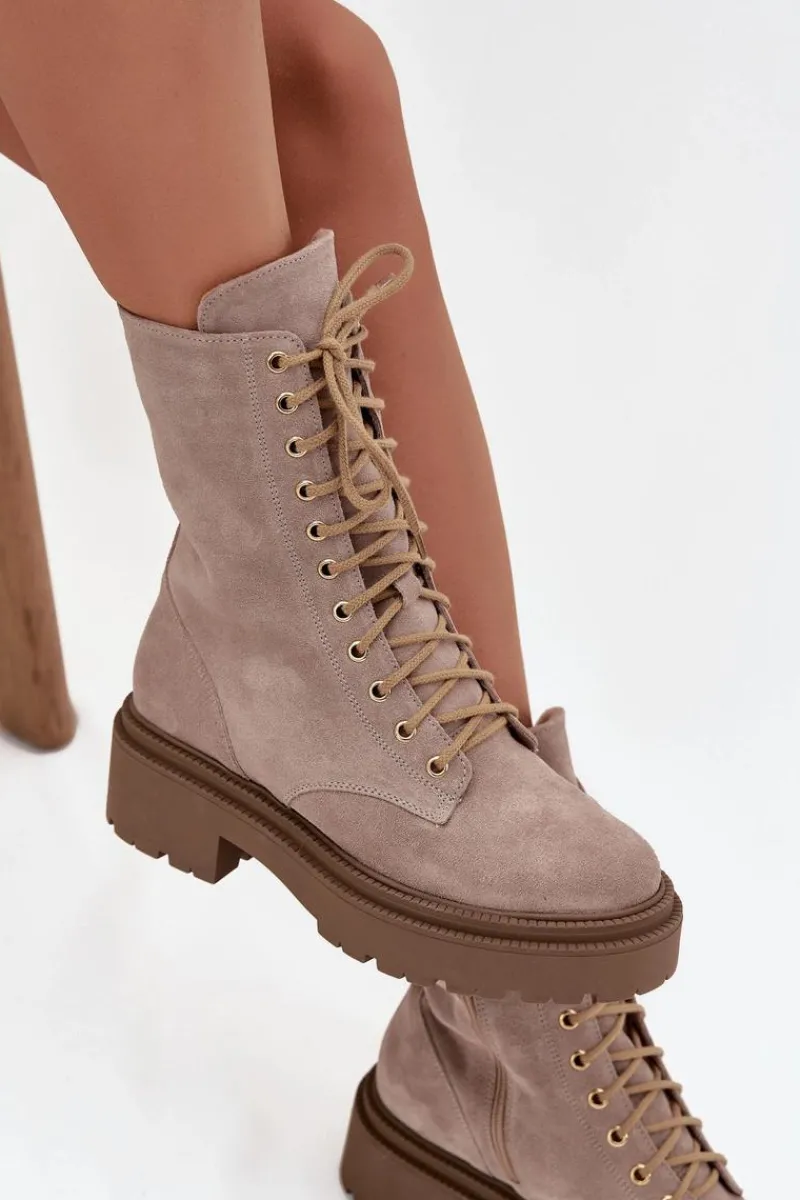 Botki Ocieplane|Botki Skórzane>Zazoo Botki Workery Damskie Z Naturalnego Zamsz Ocieplane 4213 Beżowe Beżowy