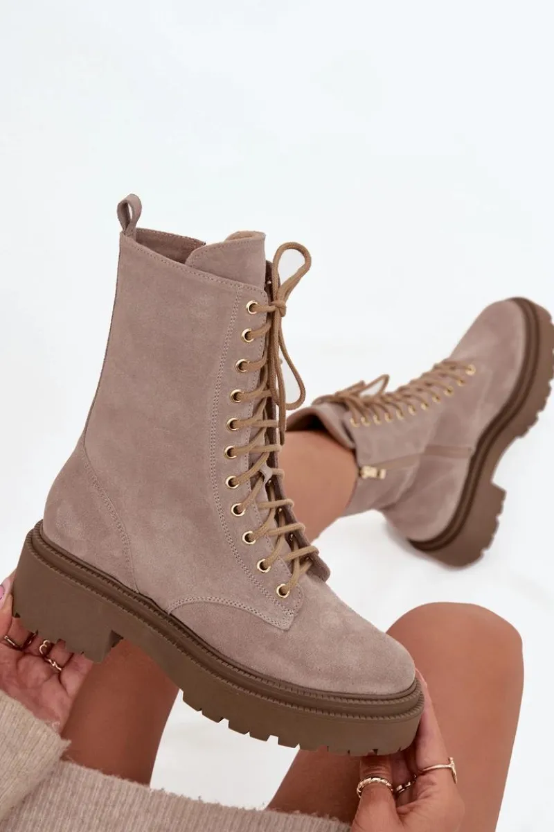 Botki Ocieplane|Botki Skórzane>Zazoo Botki Workery Damskie Z Naturalnego Zamsz Ocieplane 4213 Beżowe Beżowy