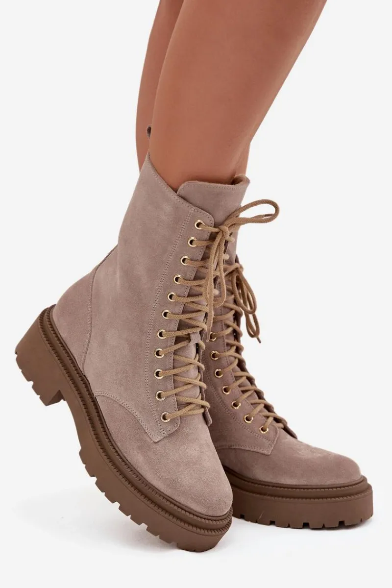 Botki Ocieplane|Botki Skórzane>Zazoo Botki Workery Damskie Z Naturalnego Zamsz Ocieplane 4213 Beżowe Beżowy