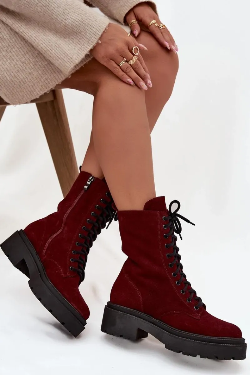 New Botki Workery Damskie Z Naturalnego Zamsz Ocieplane 4213 Bordowe Damskie Botki Ocieplane|Botki Skórzane