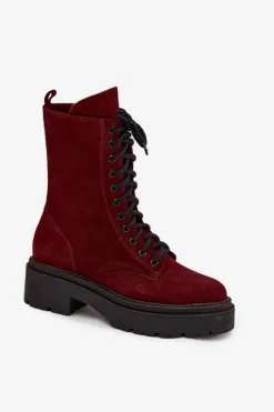 New Botki Workery Damskie Z Naturalnego Zamsz Ocieplane 4213 Bordowe Damskie Botki Ocieplane|Botki Skórzane
