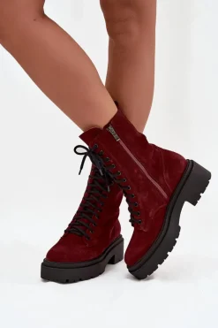 New Botki Workery Damskie Z Naturalnego Zamsz Ocieplane 4213 Bordowe Damskie Botki Ocieplane|Botki Skórzane