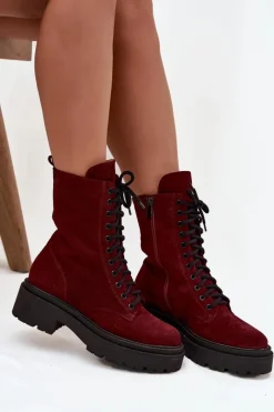 New Botki Workery Damskie Z Naturalnego Zamsz Ocieplane 4213 Bordowe Damskie Botki Ocieplane|Botki Skórzane