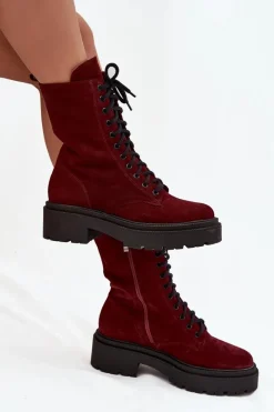 New Botki Workery Damskie Z Naturalnego Zamsz Ocieplane 4213 Bordowe Damskie Botki Ocieplane|Botki Skórzane