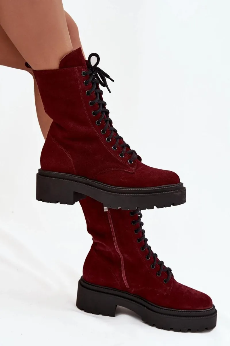 New Botki Workery Damskie Z Naturalnego Zamsz Ocieplane 4213 Bordowe Damskie Botki Ocieplane|Botki Skórzane