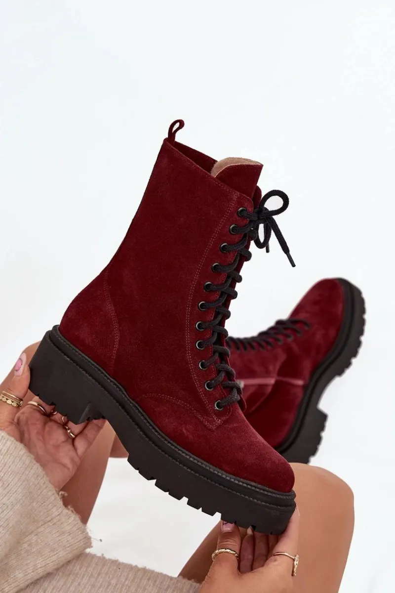 New Botki Workery Damskie Z Naturalnego Zamsz Ocieplane 4213 Bordowe Damskie Botki Ocieplane|Botki Skórzane