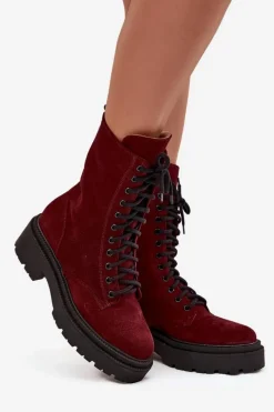 New Botki Workery Damskie Z Naturalnego Zamsz Ocieplane 4213 Bordowe Damskie Botki Ocieplane|Botki Skórzane