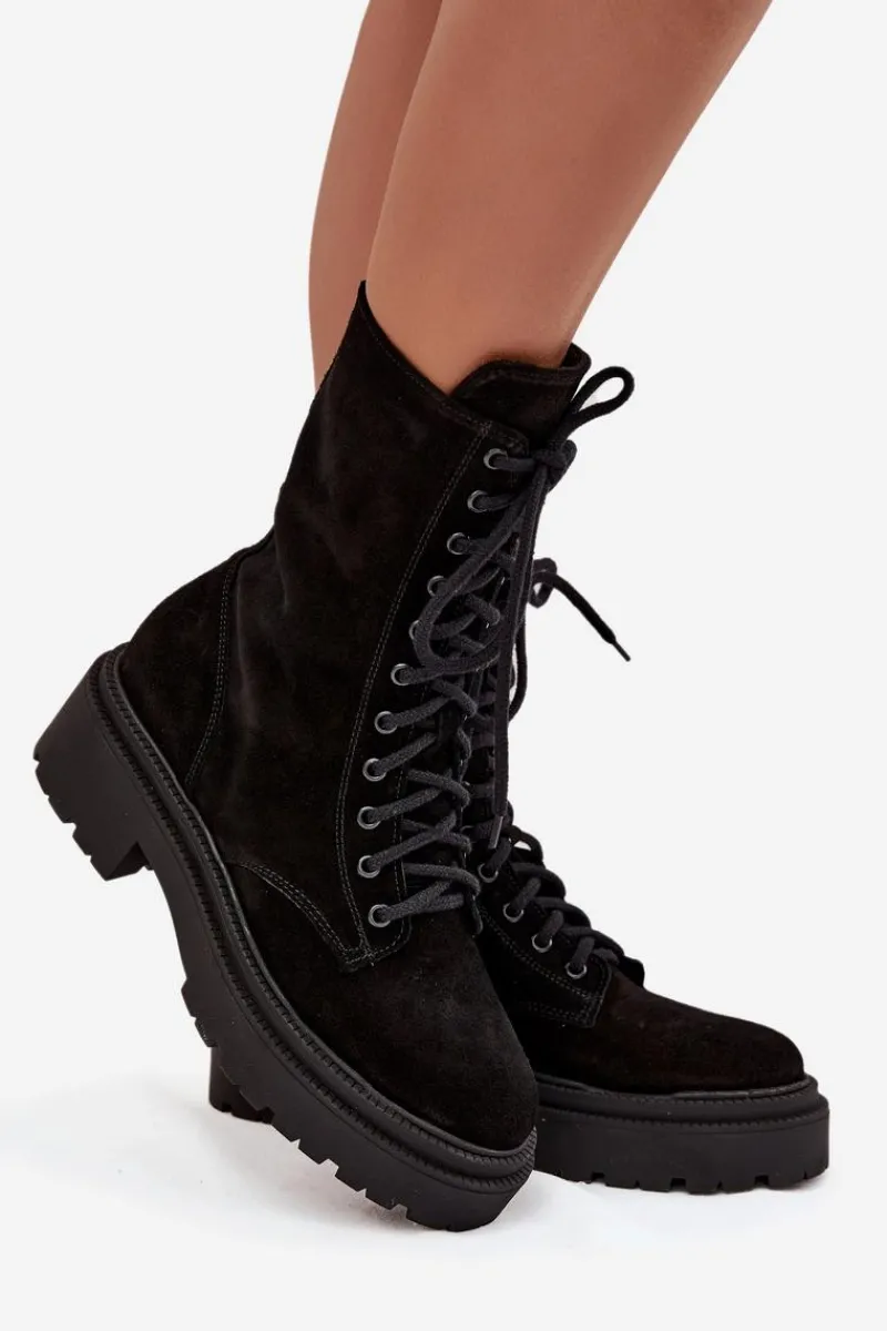 New Zazoo Botki Workery Damskie Z Naturalnego Zamsz Ocieplane 4213 Czarne Czarny