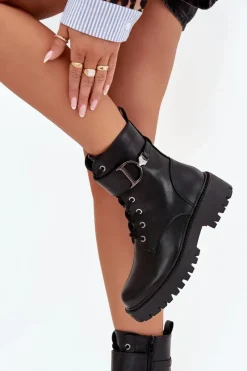 Boto Botki Workery Damskie Z Ocieplane Z Ozdobnym Paskiem Czarne Ulivine