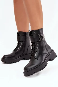 Boto Botki Workery Damskie Z Ocieplane Z Ozdobnym Paskiem Czarne Ulivine