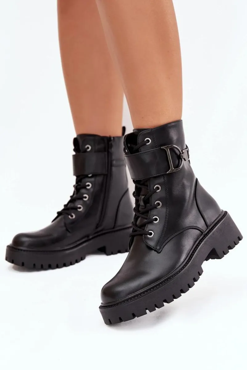 Boto Botki Workery Damskie Z Ocieplane Z Ozdobnym Paskiem Czarne Ulivine