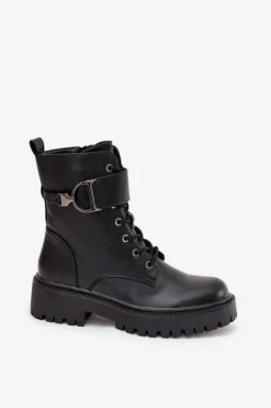 Boto Botki Workery Damskie Z Ocieplane Z Ozdobnym Paskiem Czarne Ulivine