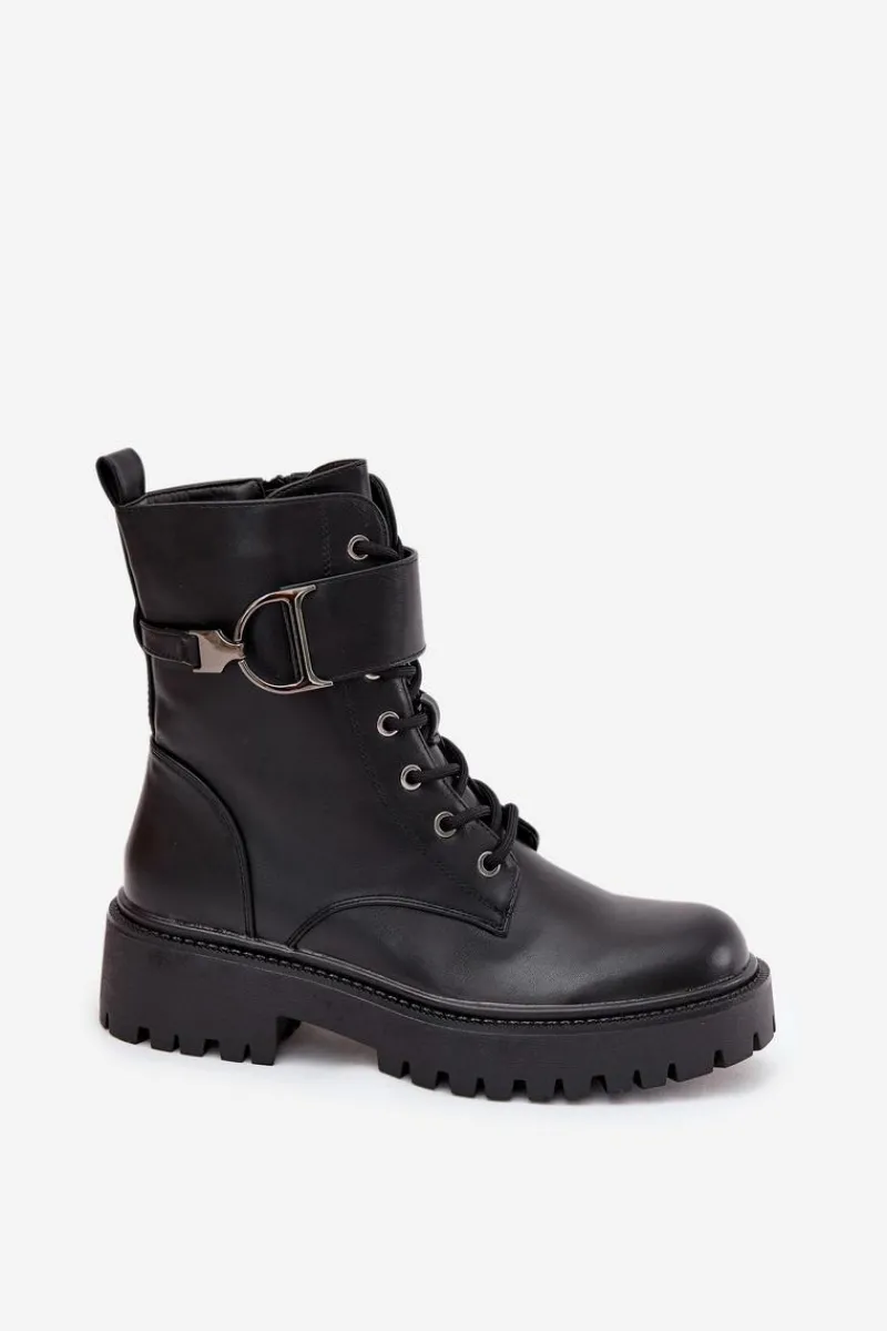 Boto Botki Workery Damskie Z Ocieplane Z Ozdobnym Paskiem Czarne Ulivine