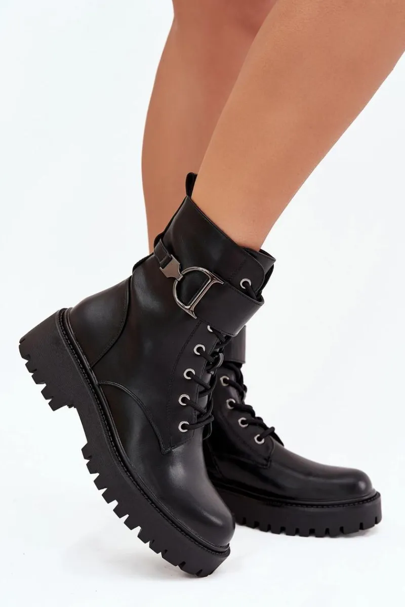 Boto Botki Workery Damskie Z Ocieplane Z Ozdobnym Paskiem Czarne Ulivine