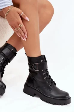 Boto Botki Workery Damskie Z Ocieplane Z Ozdobnym Paskiem Czarne Ulivine