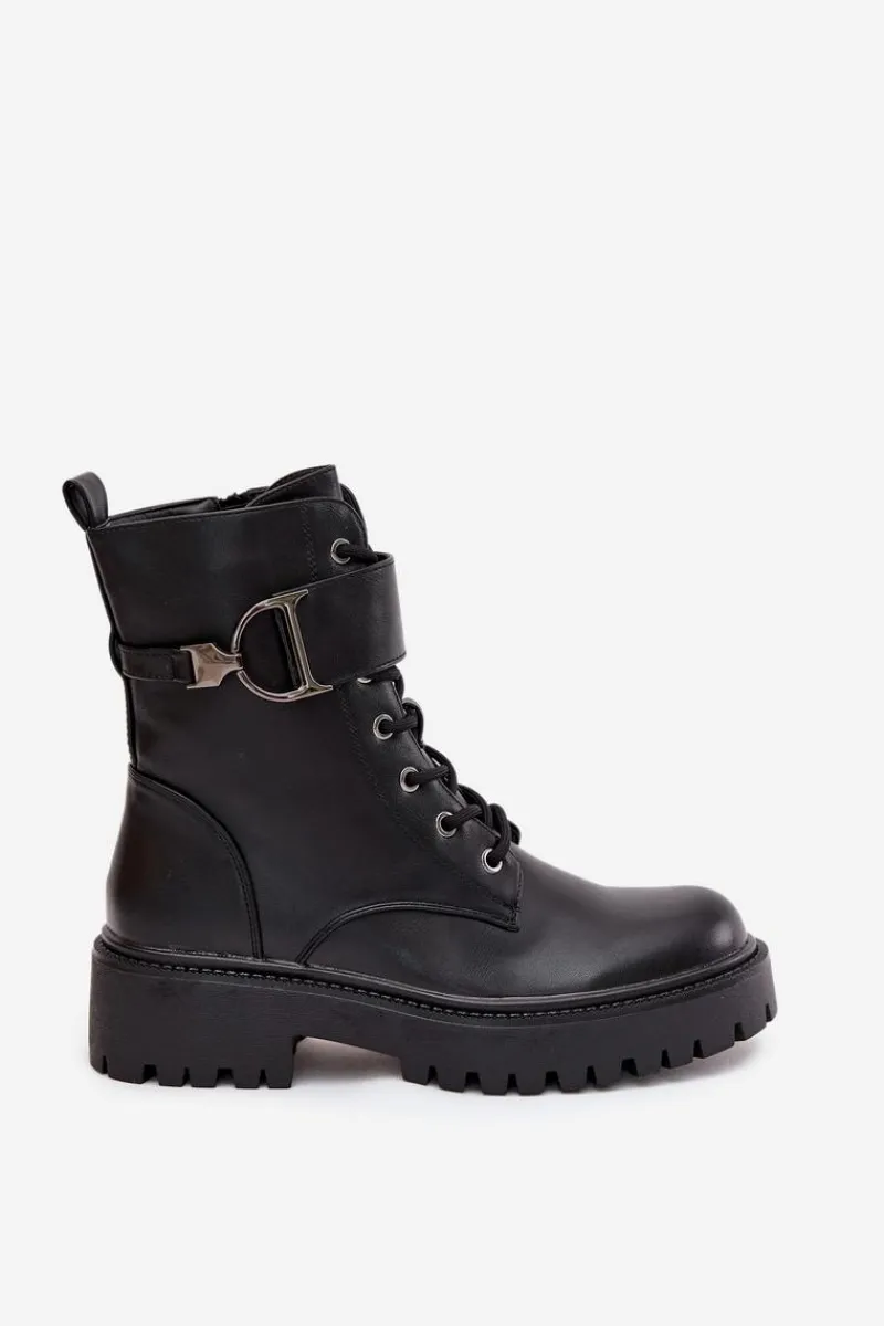 Boto Botki Workery Damskie Z Ocieplane Z Ozdobnym Paskiem Czarne Ulivine