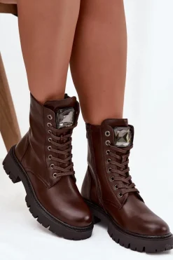 Boto Botki Workery Damskie Z Ozdoba Eko Skórzane Czekoladowe Karessa