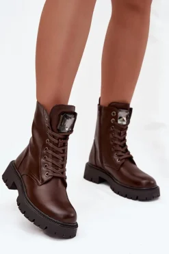 Boto Botki Workery Damskie Z Ozdoba Eko Skórzane Czekoladowe Karessa