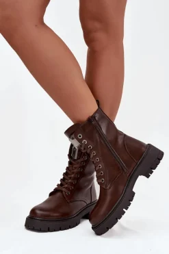 Boto Botki Workery Damskie Z Ozdoba Eko Skórzane Czekoladowe Karessa