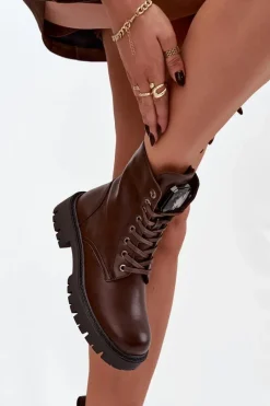 Boto Botki Workery Damskie Z Ozdoba Eko Skórzane Czekoladowe Karessa
