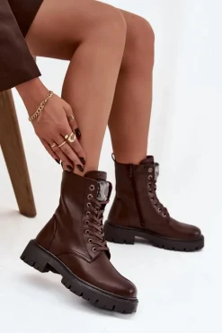 Boto Botki Workery Damskie Z Ozdoba Eko Skórzane Czekoladowe Karessa