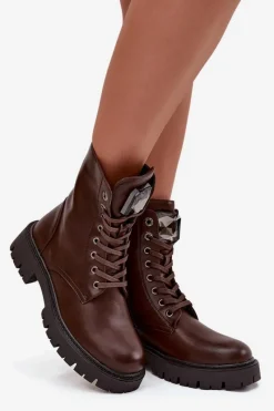 Boto Botki Workery Damskie Z Ozdoba Eko Skórzane Czekoladowe Karessa