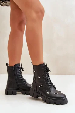 Hot Botki Workery Damskie Z Ozdobami Eko Skórzane Czarne Cadenilla Damskie Czarne Botki|Botki Płaskie