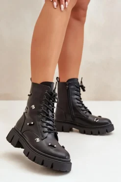 Hot Botki Workery Damskie Z Ozdobami Eko Skórzane Czarne Cadenilla Damskie Czarne Botki|Botki Płaskie