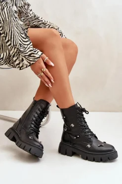 Hot Botki Workery Damskie Z Ozdobami Eko Skórzane Czarne Cadenilla Damskie Czarne Botki|Botki Płaskie