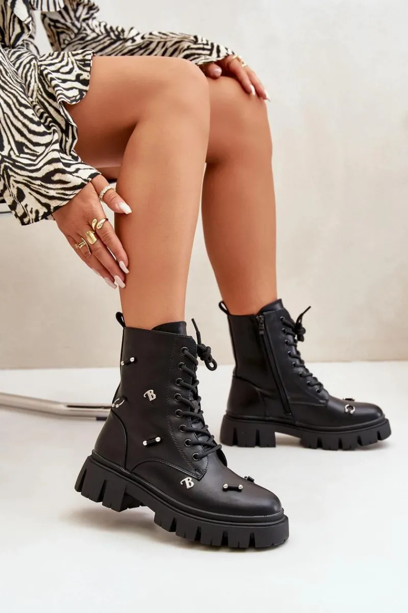 Hot Botki Workery Damskie Z Ozdobami Eko Skórzane Czarne Cadenilla Damskie Czarne Botki|Botki Płaskie