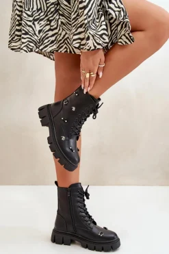 Hot Botki Workery Damskie Z Ozdobami Eko Skórzane Czarne Cadenilla Damskie Czarne Botki|Botki Płaskie