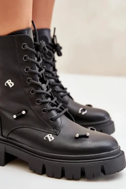 Hot Botki Workery Damskie Z Ozdobami Eko Skórzane Czarne Cadenilla Damskie Czarne Botki|Botki Płaskie