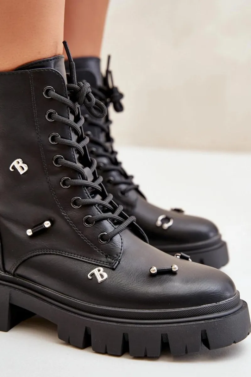 Hot Botki Workery Damskie Z Ozdobami Eko Skórzane Czarne Cadenilla Damskie Czarne Botki|Botki Płaskie