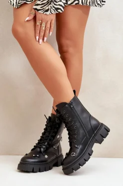 Hot Botki Workery Damskie Z Ozdobami Eko Skórzane Czarne Cadenilla Damskie Czarne Botki|Botki Płaskie