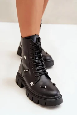 Hot Botki Workery Damskie Z Ozdobami Eko Skórzane Czarne Cadenilla Damskie Czarne Botki|Botki Płaskie