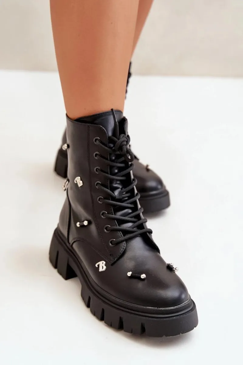 Hot Botki Workery Damskie Z Ozdobami Eko Skórzane Czarne Cadenilla Damskie Czarne Botki|Botki Płaskie