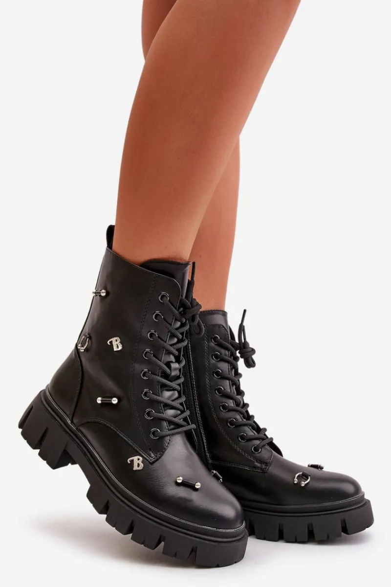 Hot Botki Workery Damskie Z Ozdobami Eko Skórzane Czarne Cadenilla Damskie Czarne Botki|Botki Płaskie