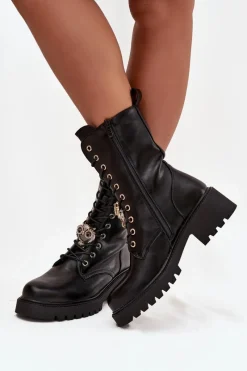 New Botki Workery Damskie Z Ozdobą Czarne Jorayne Damskie Botki Sznurowane|Botki Płaskie