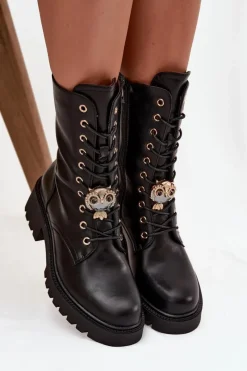 New Botki Workery Damskie Z Ozdobą Czarne Jorayne Damskie Botki Sznurowane|Botki Płaskie