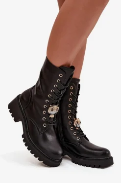 New Botki Workery Damskie Z Ozdobą Czarne Jorayne Damskie Botki Sznurowane|Botki Płaskie