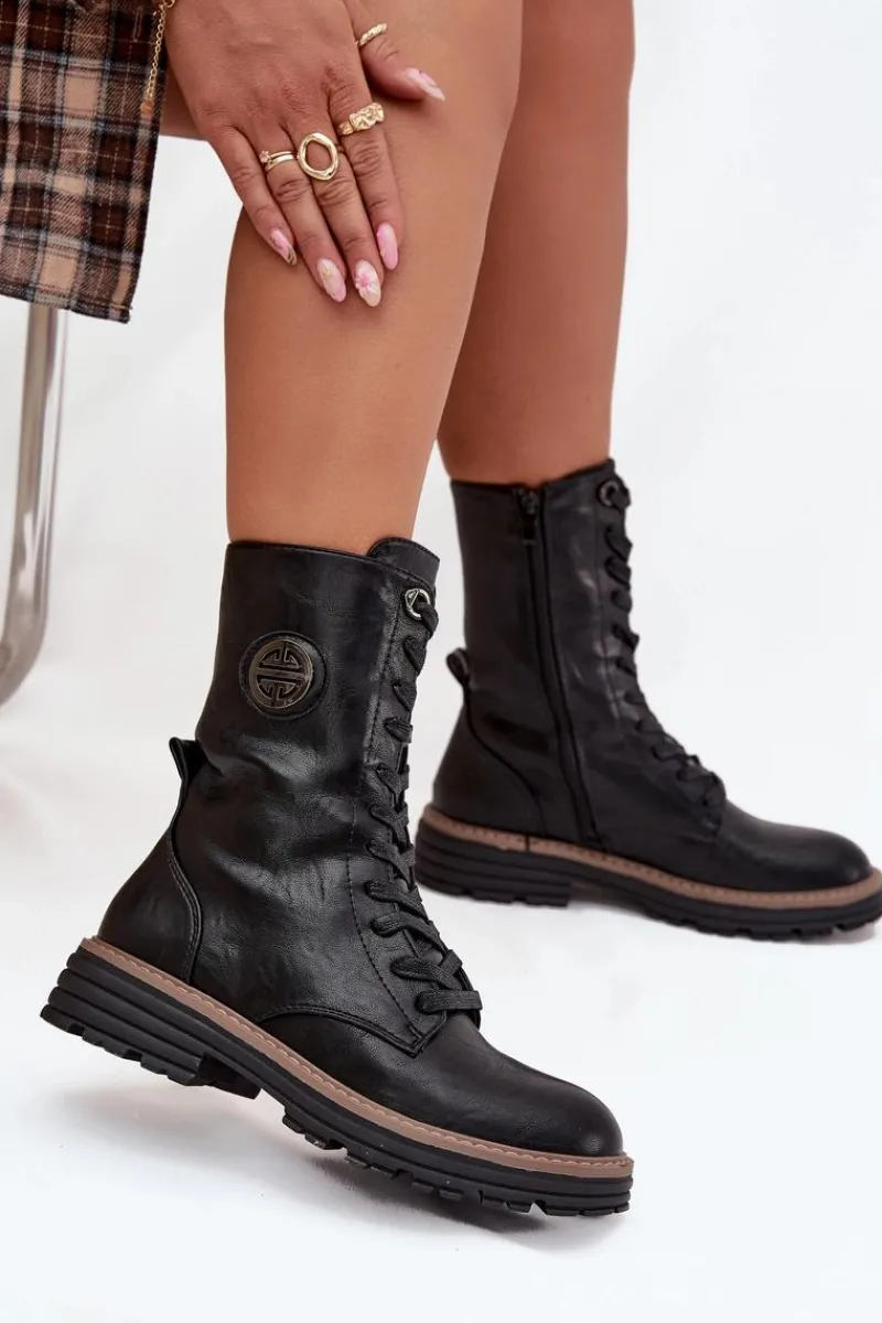 Outlet Boto Botki Workery Damskie Z Ozdobnym Detalem Ocieplane Czarne Dorialine Czarny