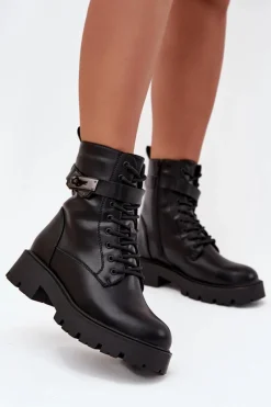 Outlet Botki Workery Damskie Z Ozdobnym Paskiem Ocieplane Eko Skórzane Czarne Selita Damskie Botki Ocieplane|Czarne Botki