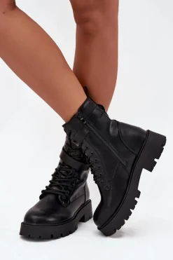 Outlet Botki Workery Damskie Z Ozdobnym Paskiem Ocieplane Eko Skórzane Czarne Selita Damskie Botki Ocieplane|Czarne Botki