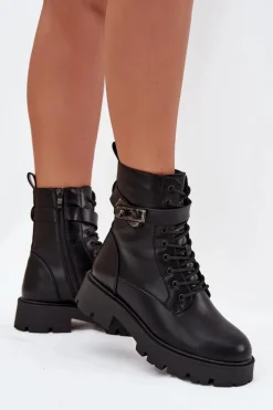 Outlet Botki Workery Damskie Z Ozdobnym Paskiem Ocieplane Eko Skórzane Czarne Selita Damskie Botki Ocieplane|Czarne Botki