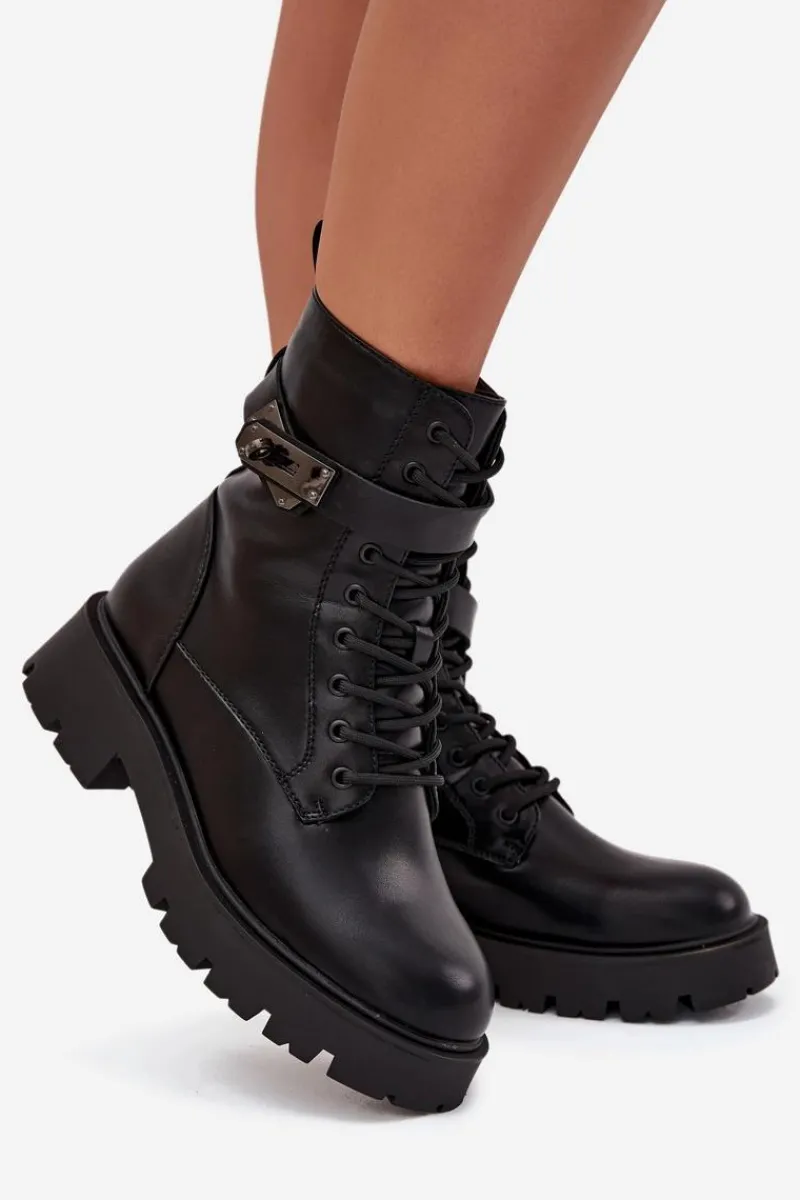 Outlet Botki Workery Damskie Z Ozdobnym Paskiem Ocieplane Eko Skórzane Czarne Selita Damskie Botki Ocieplane|Czarne Botki