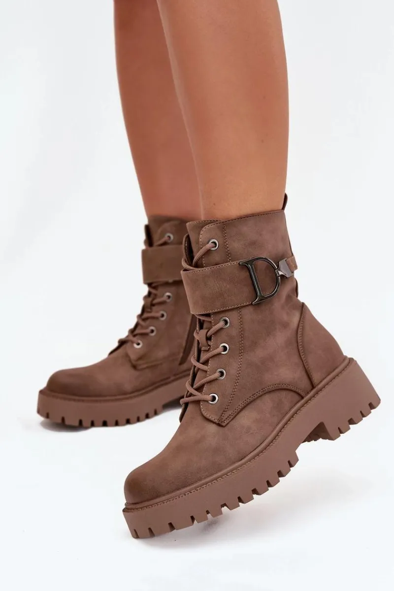 Discount Botki Workery Damskie Z Ocieplane Z Ozdobnym Paskiem Ciemnobeżowe Ulivine Damskie Botki Ocieplane|Botki Sznurowane