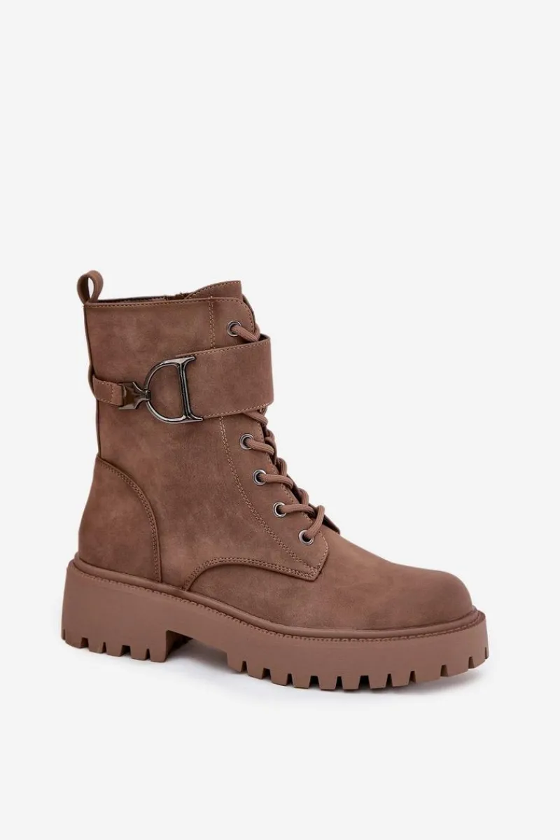 Discount Botki Workery Damskie Z Ocieplane Z Ozdobnym Paskiem Ciemnobeżowe Ulivine Damskie Botki Ocieplane|Botki Sznurowane